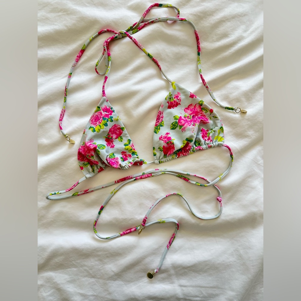 Tori Praver Swimwear Floral Bikini Top Pink, Blue, Green and Yellow